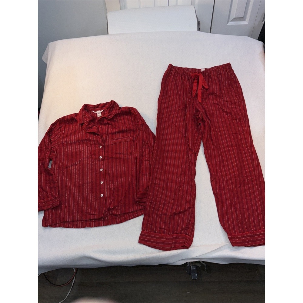 Victoria's Secret Flannel Pajama Set Stripe Red Gold Long Sleeve Size Medium